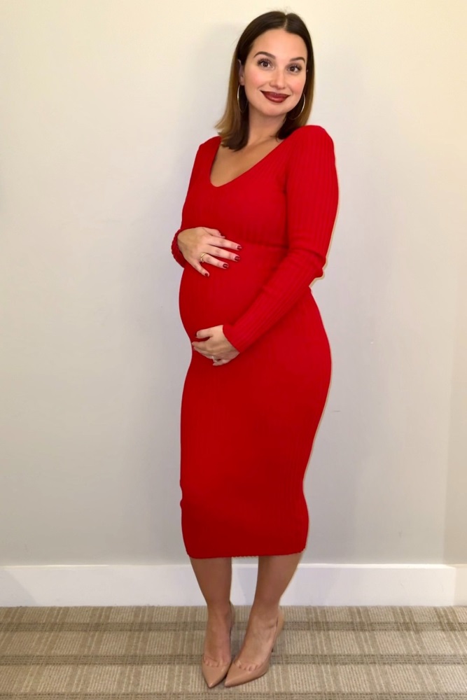 Red V-Neck Long Sleeve Fitted Maternity Maxi Dress  PinkBlush
