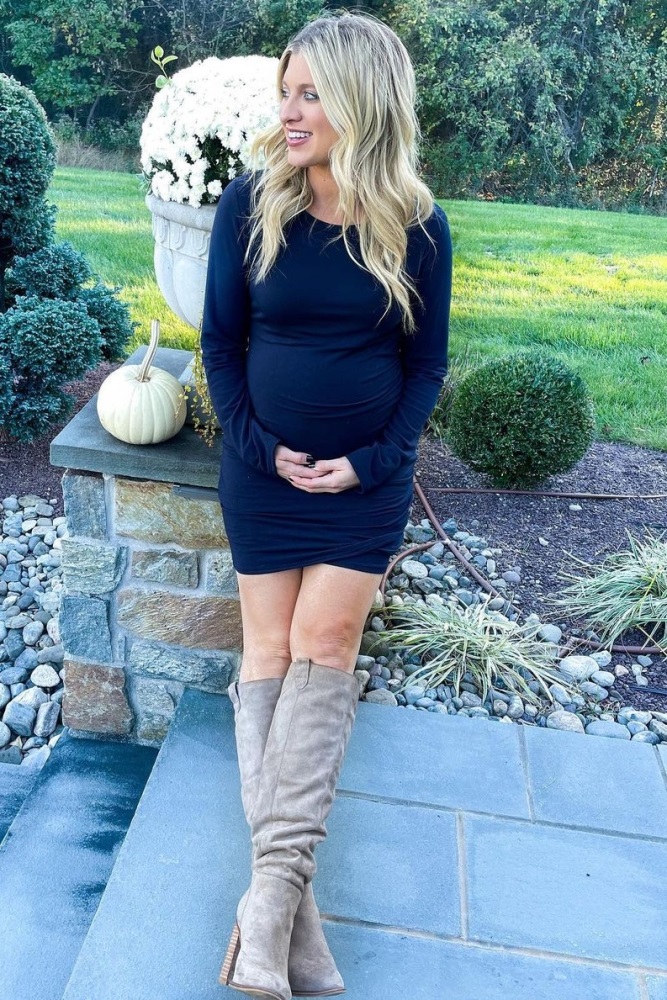 Navy Blue Long Sleeve Wrap Hem Fitted Maternity Dress  PinkBlush