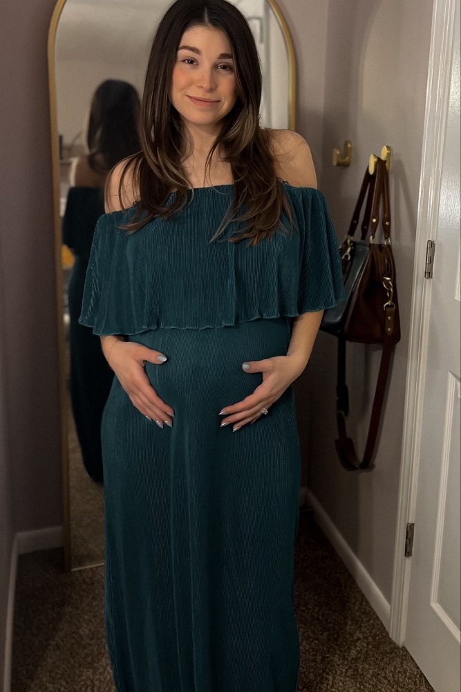 Forest Green Pleated Ruffle Off Shoulder Maternity Maxi Dress  PinkBlush