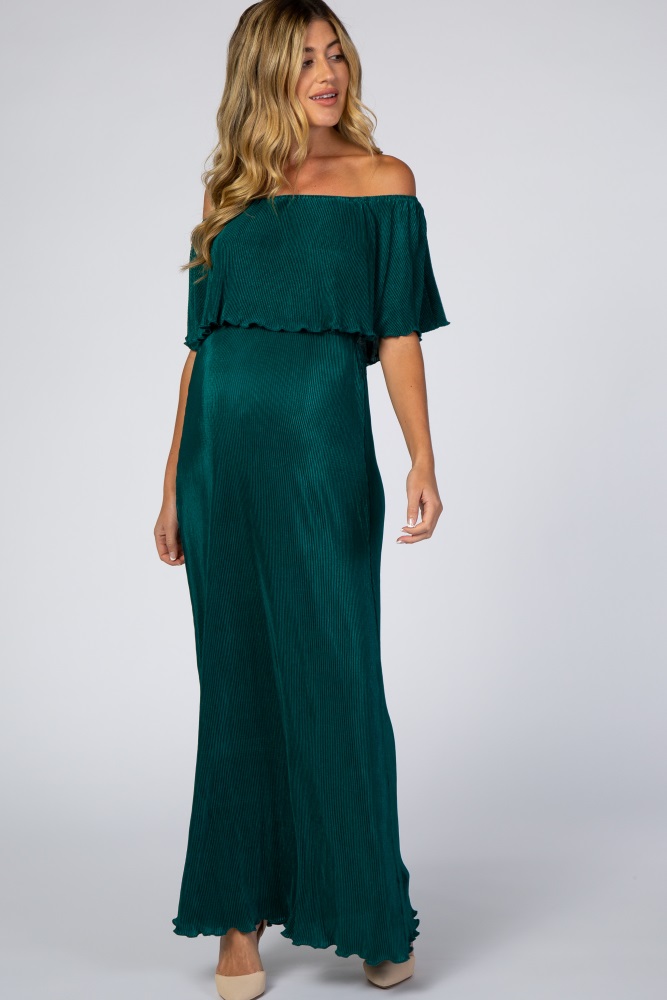 forest green pleated ruffle off shoulder maternity maxi dress