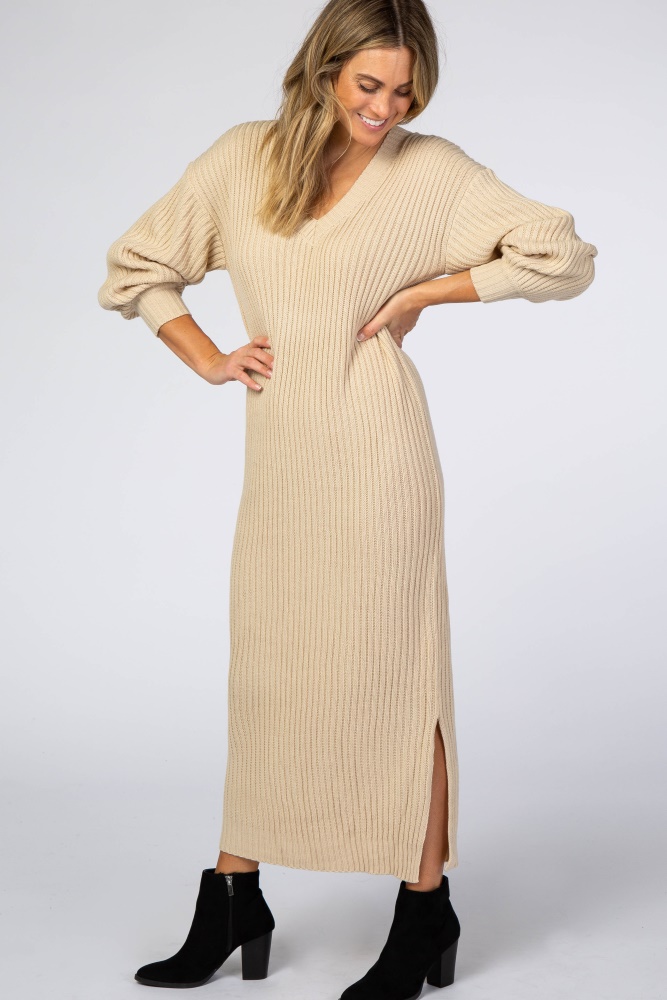 beige v-neck ribbed sweater dress