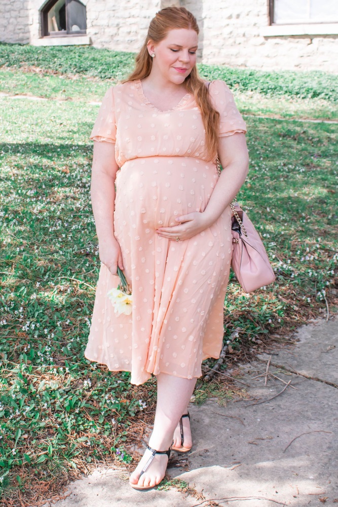 Peach Swiss Dot Ruffle Trim Maternity Dress