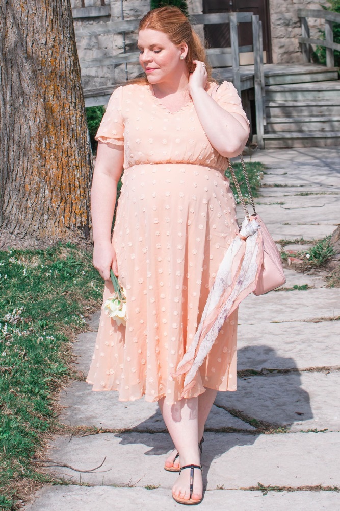 Peach Swiss Dot Ruffle Trim Dress