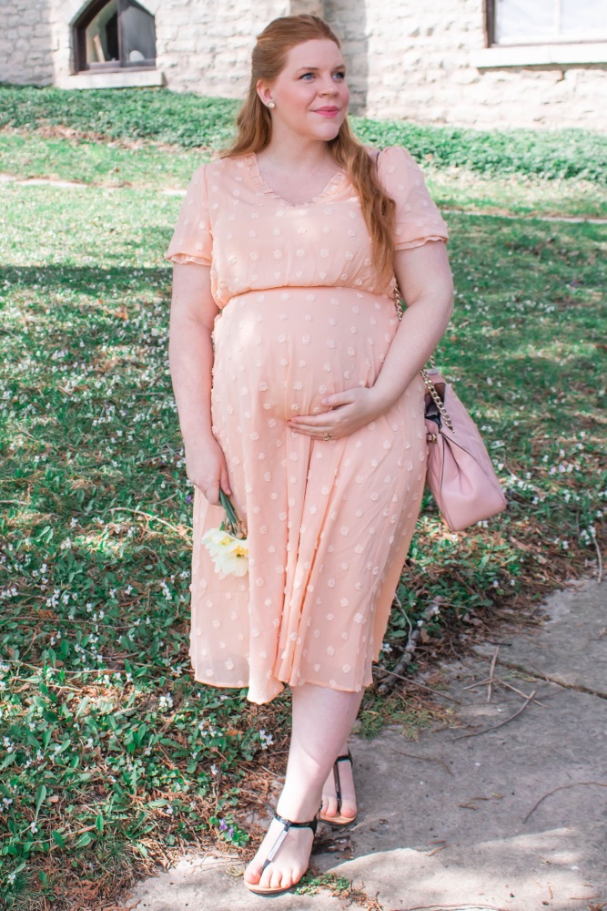 Peach Swiss Dot Ruffle Trim Maternity Dress