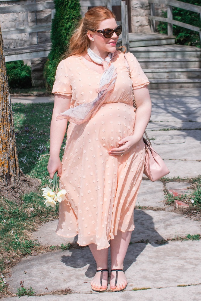 Peach Swiss Dot Ruffle Trim Maternity Dress