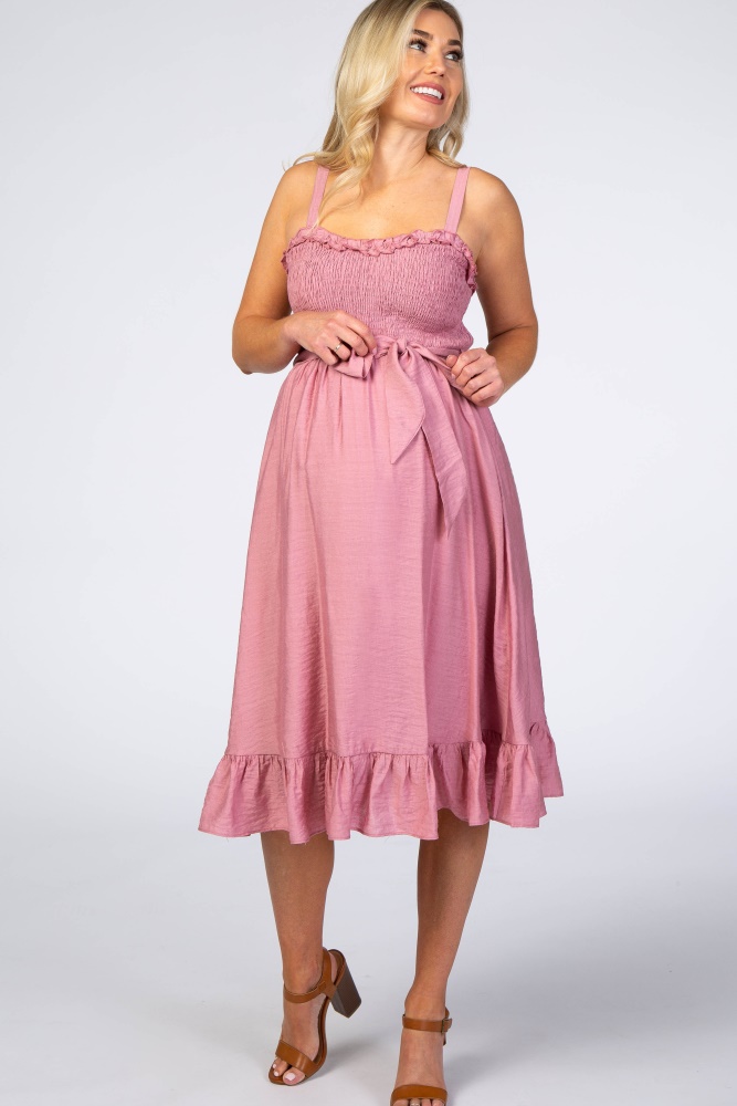 pink ruffle smocked maternity dress