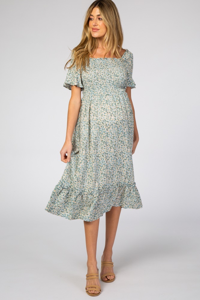 Navy Blue Floral Square Neck Short Puff Sleeve Maternity Maxi