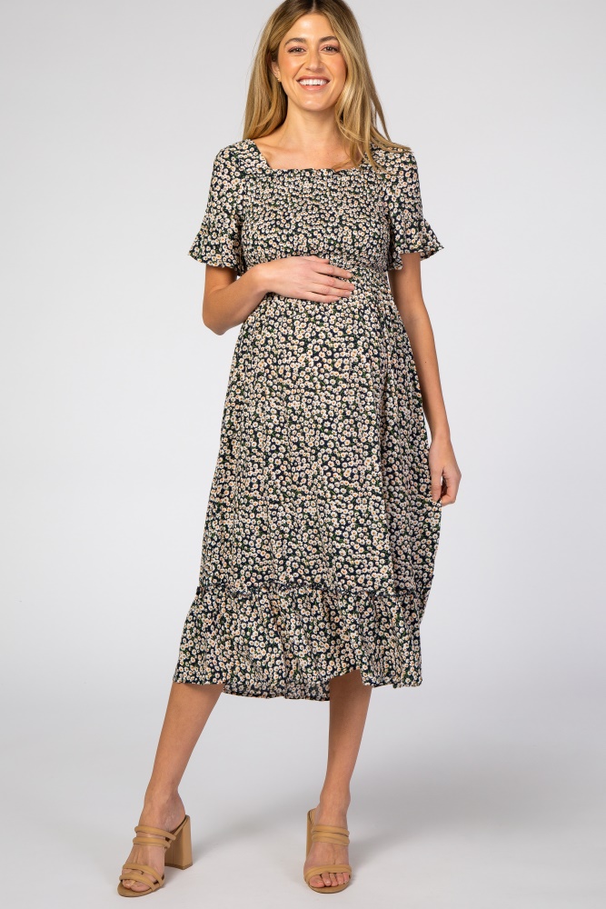 navy floral ruffle maternity midi dress