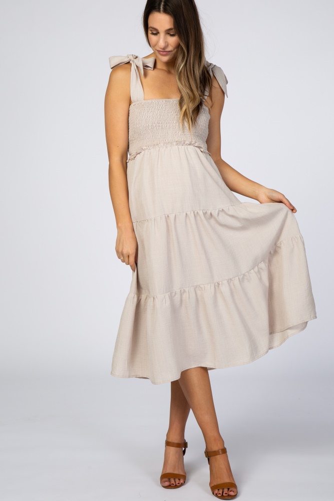 beige bow strap tiered maternity midi dress