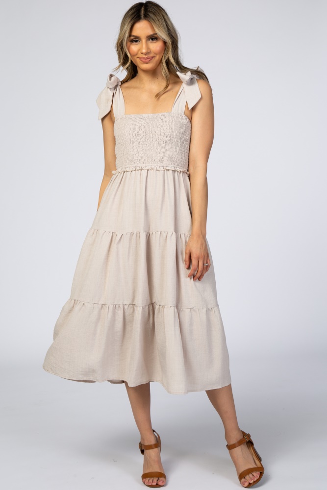 beige bow strap tiered midi dress