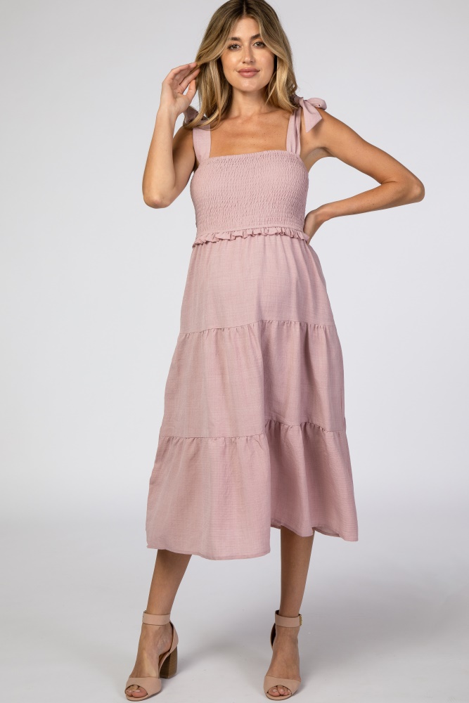 mauve bow strap tiered maternity midi dress