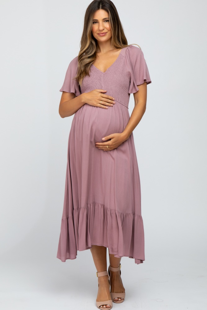 mauve smocked v-neck maternity midi dress