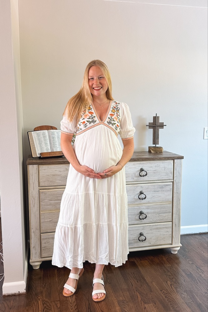 ivory floral embroidered maternity midi dress Baltic Born Womens Eleanor Embroidered Midi Dress | Cream Floral