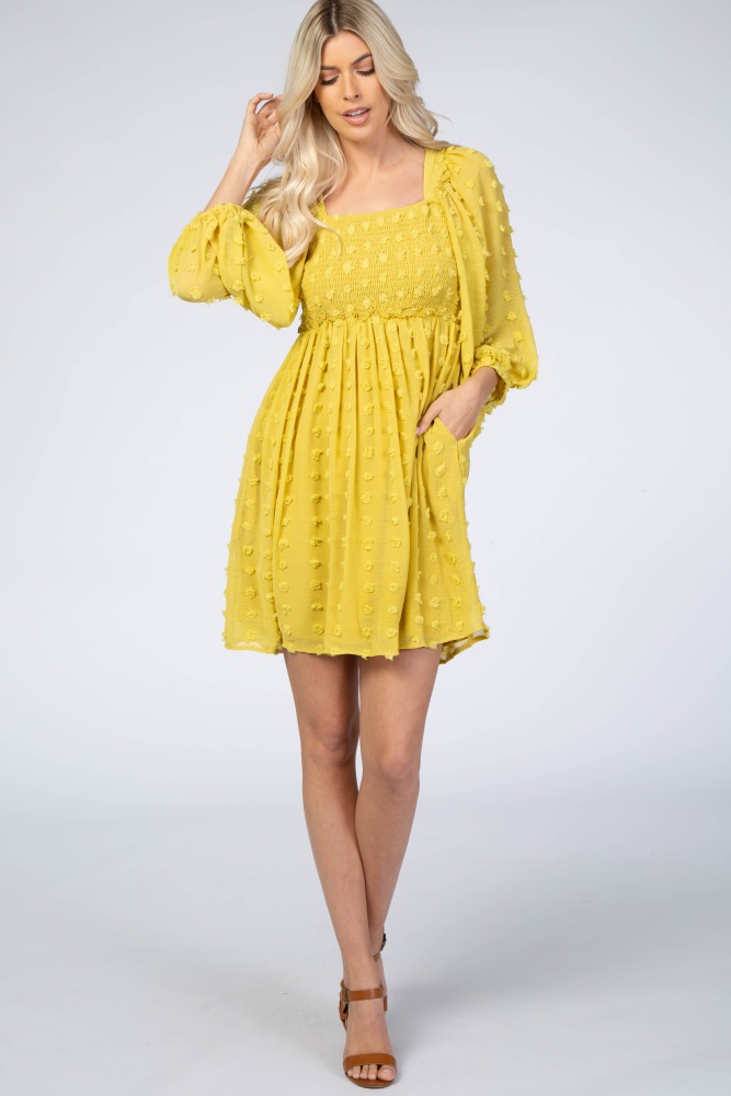 yellow textured dot smocked square neck chiffon dress