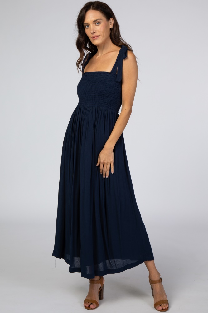 navy blue smocked tie strap midi dress