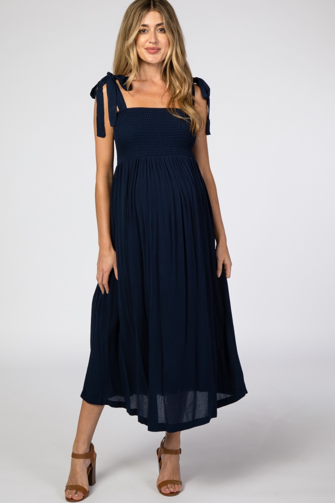 navy blue smocked tie strap maternity midi dress