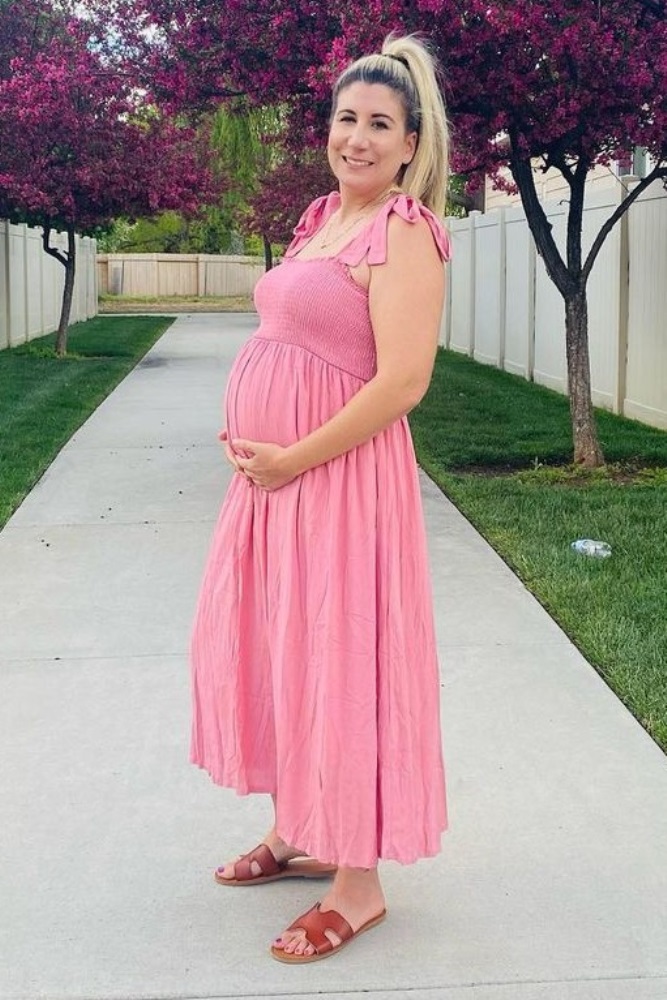 Pregnancy Dress PinkBlush Floral Smocked Maternity Dress  Tie Strap, Midi  Length For Pregnancy & Beyond Mauve Dotted Tulle