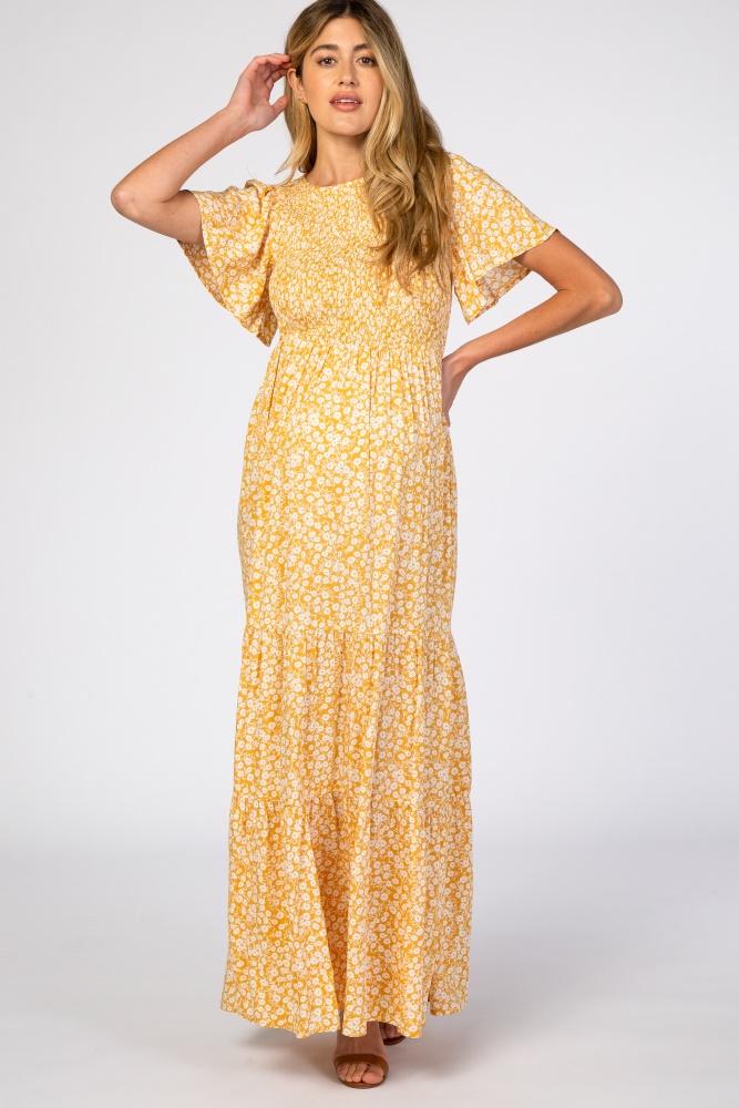 Yellow Floral Smocked Front Maternity Maxi Dress