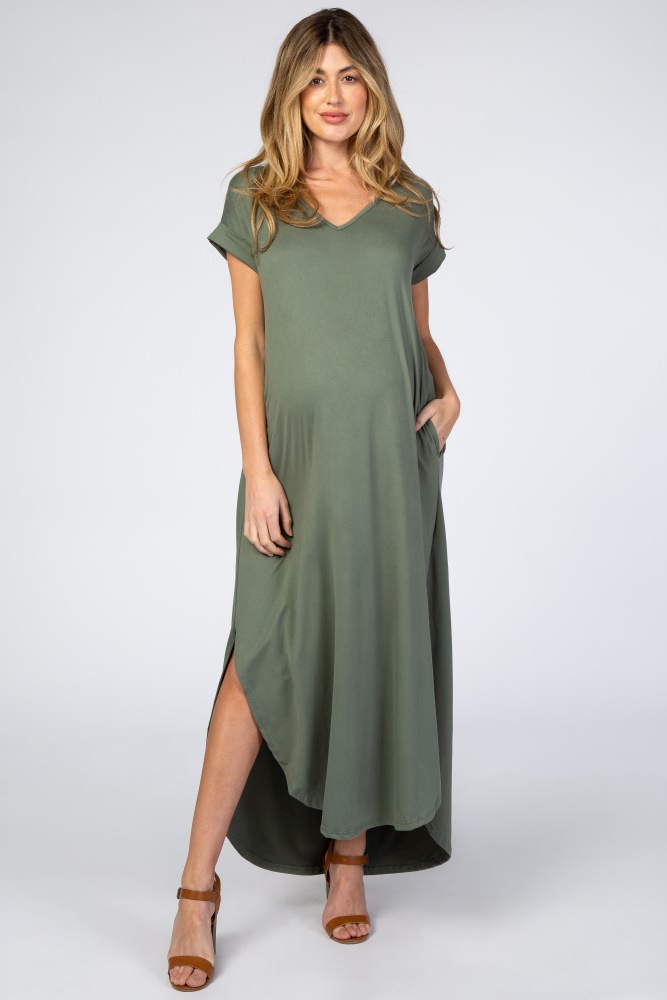 olive side slit maternity maxi dress