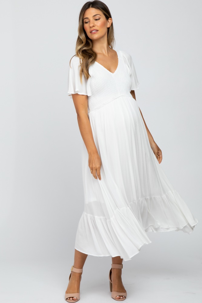 ivory smocked v-neck maternity midi dress