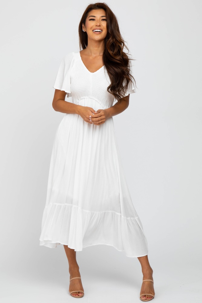 ivory smocked v-neck midi dress