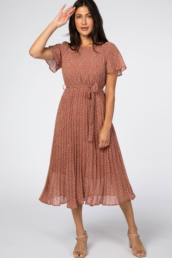 rust leaf print pleated midi dress