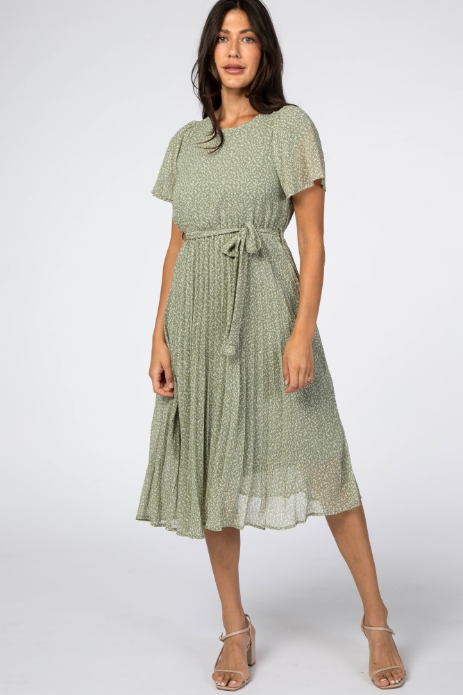 light olive leaf print pleated midi dress