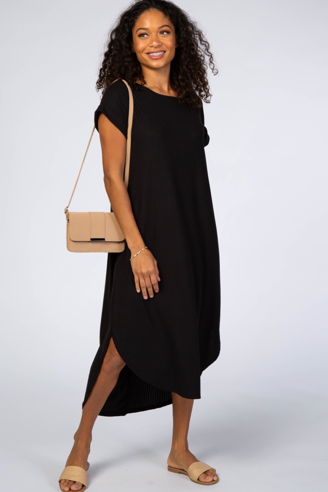 black ribbed curved hem midi dress