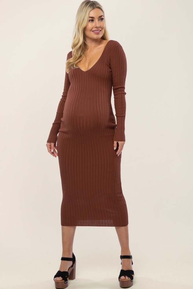 mocha v-neck long sleeve fitted maternity maxi dress