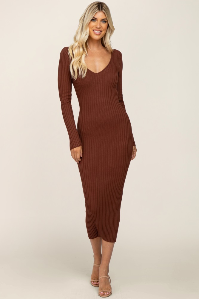 mocha v-neck long sleeve fitted maxi dress