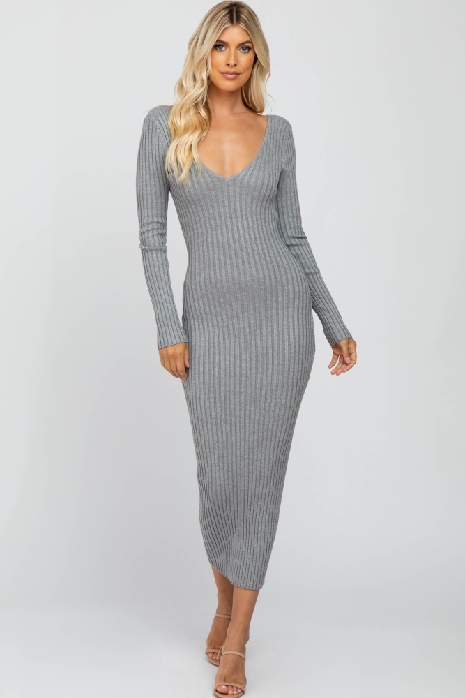 heather grey  v-neck long sleeve fitted maxi dress