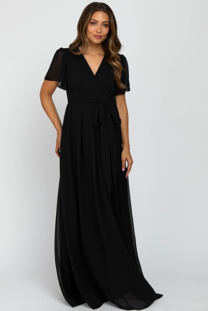 black chiffon short sleeve maternity maxi dress