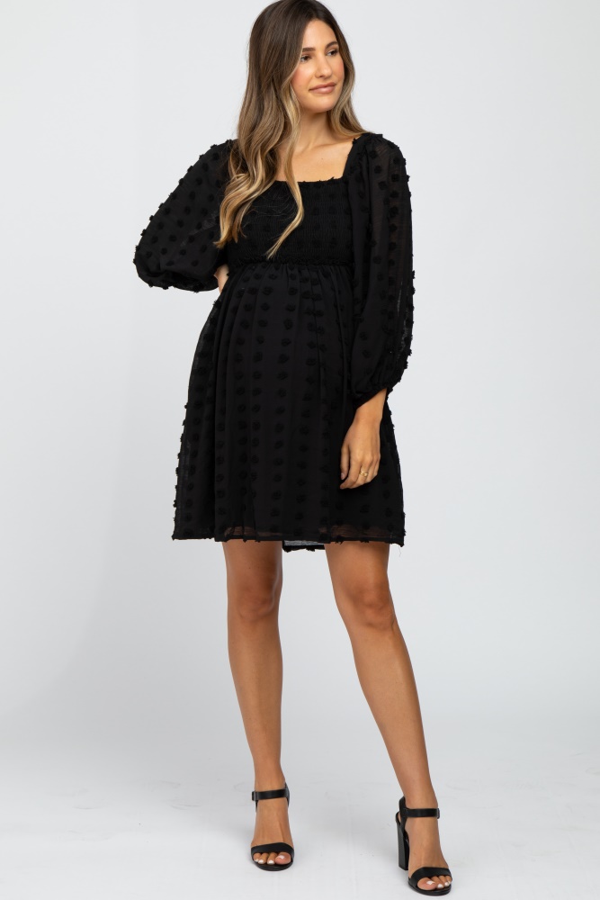 black textured dot smocked square neck chiffon maternity dress