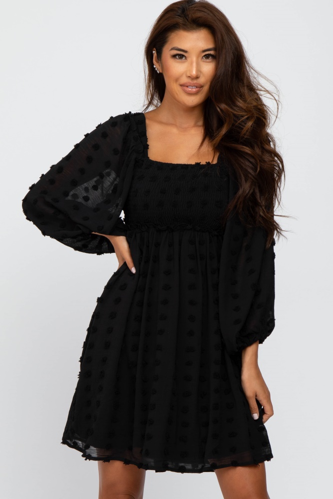 black textured dot smocked square neck chiffon dress