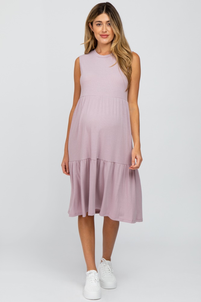 lavender ribbed sleeveless maternity midi dress