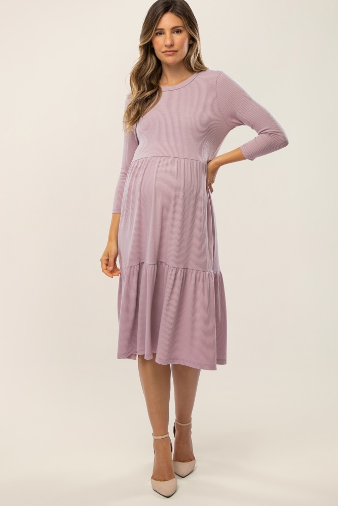 lavender tiered ribbed 3/4 sleeve maternity midi dress