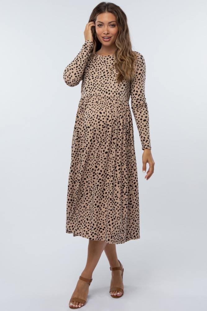 taupe abstract animal print maternity midi dress