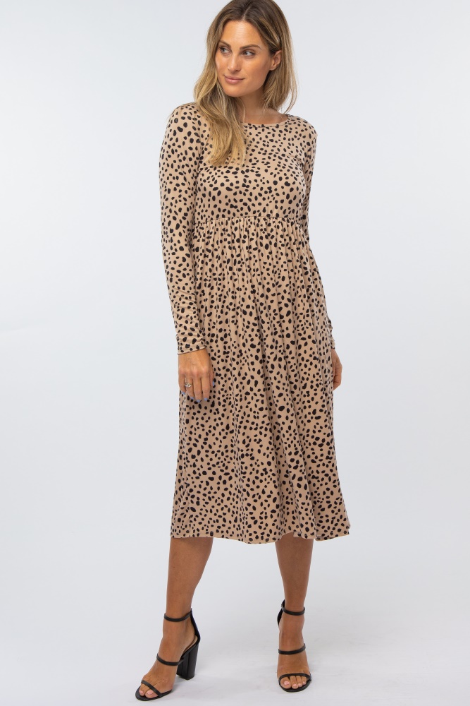 taupe abstract animal print midi dress