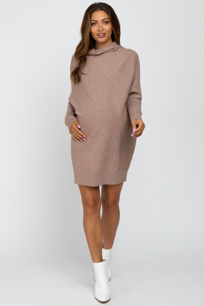 taupe funnel neck dolman sleeve maternity mini dress