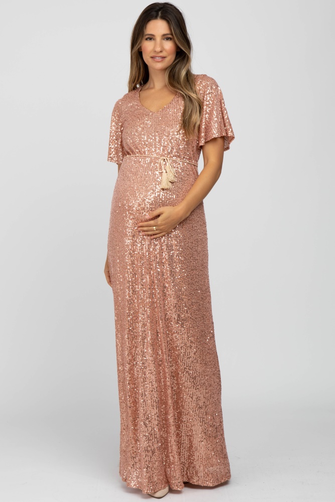 PinkBlush Pink Metallic Off Shoulder Long Sleeve Wrap Maternity Photoshoot  Gown/Dress