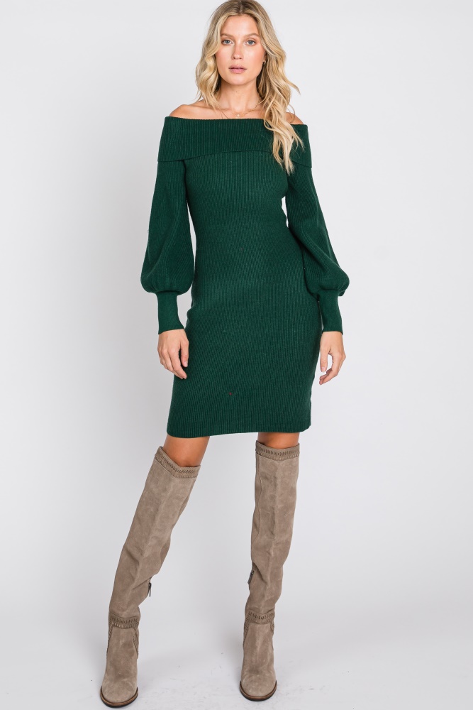 forest green off shoulder bubble sleeve sweater dress