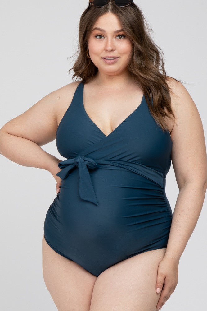 Plus Size Women Pleated One-Shoulder Tether Print Maternity Swimwear - The  Little Connection