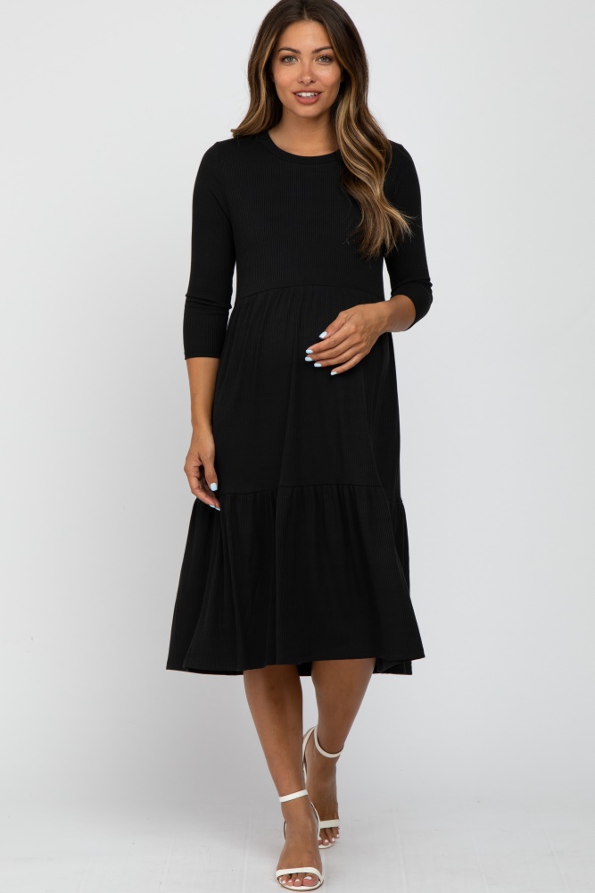 black tiered ribbed 3/4 sleeve maternity midi dress