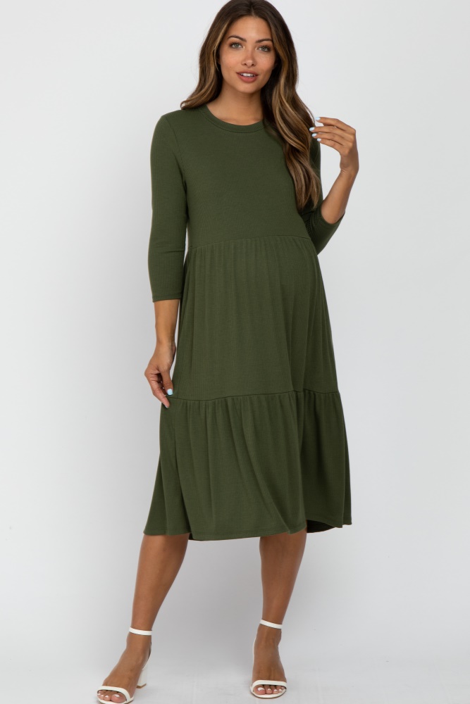 olive tiered ribbed 3/4 sleeve maternity midi dress