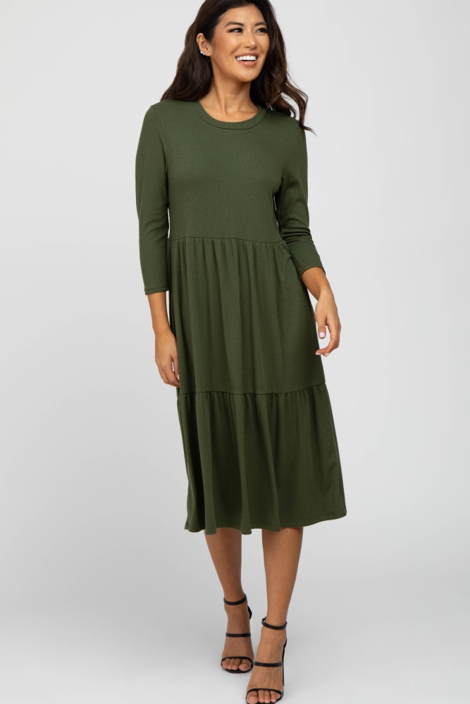 olive tiered ribbed 3/4 sleeve midi dress