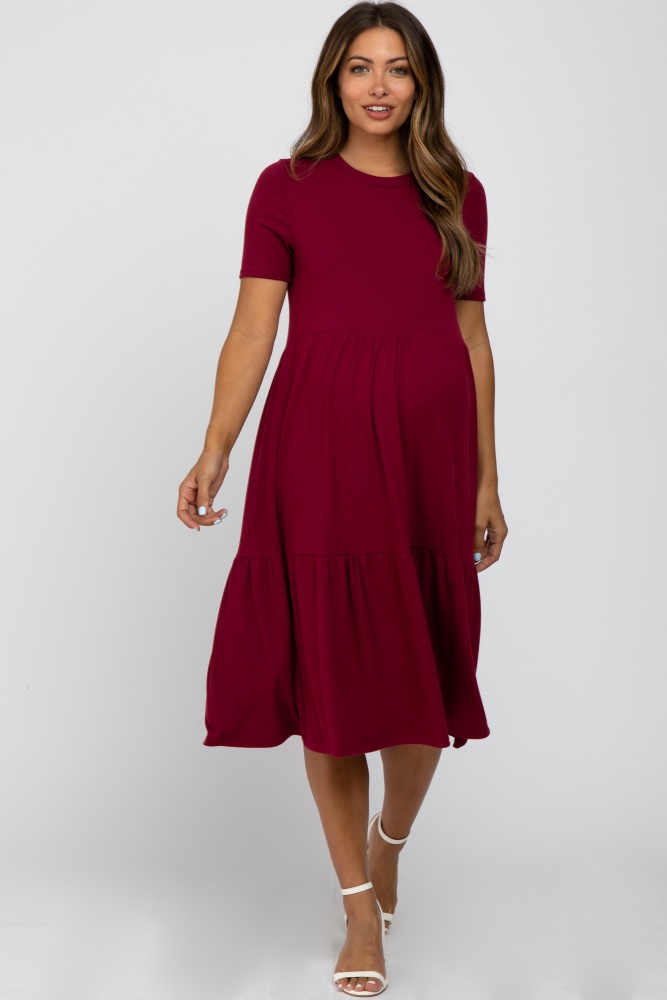 burgundy ribbed tiered maternity dress