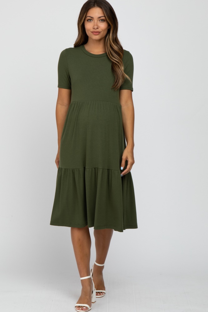 olive ribbed tiered maternity dress