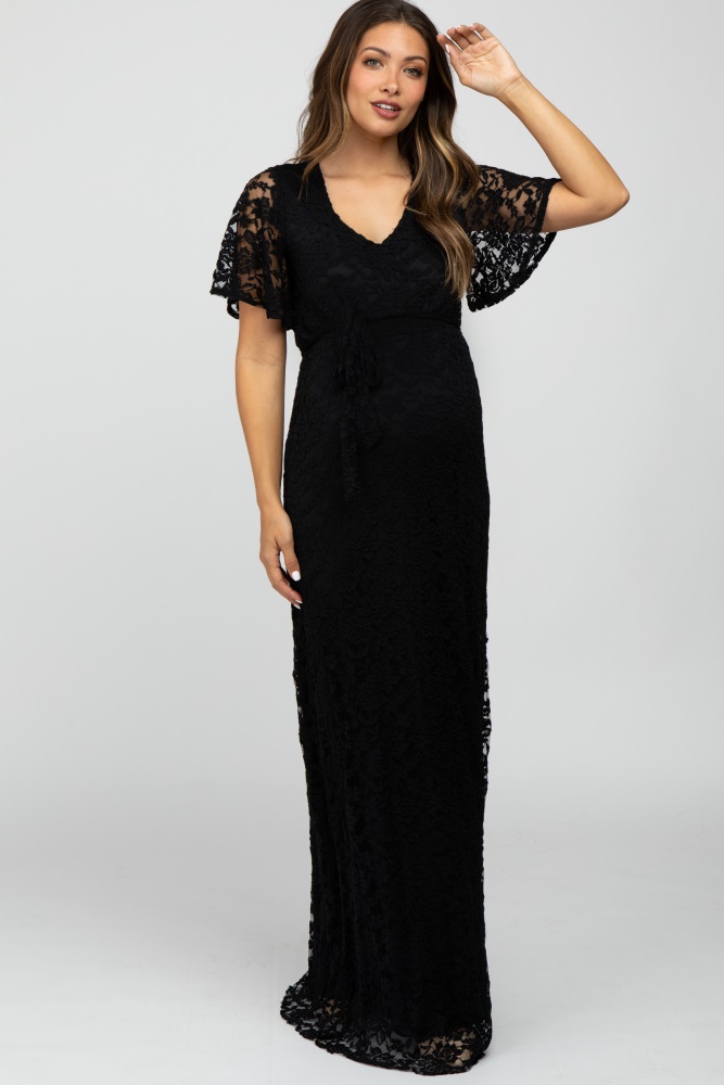 PinkBlush Black Lace Mesh Overlay Maternity Maxi Dress