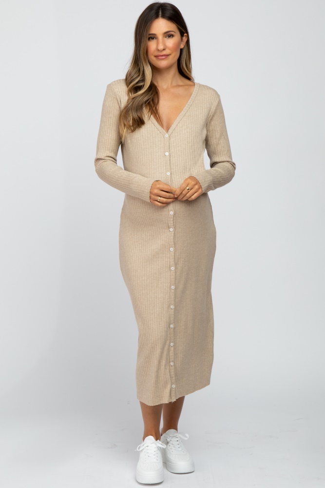 beige ribbed button front midi cardigan maternity dress