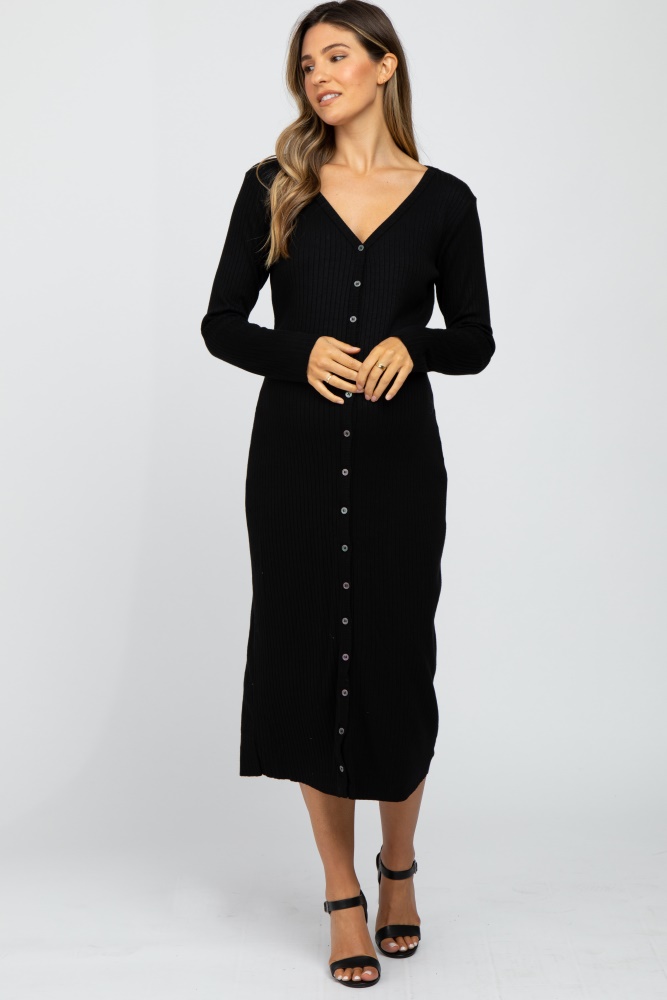 black ribbed button front midi cardigan maternity dress